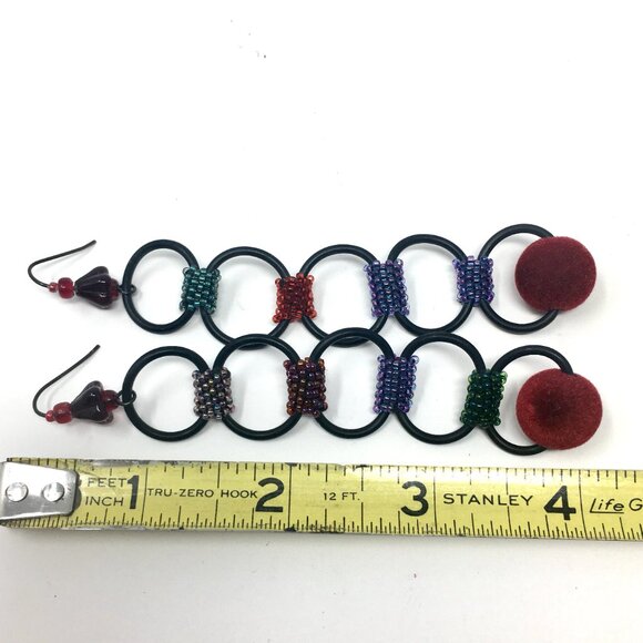 Handmade Long Black 'O' Shape Rubber Seed Bead Red Velvet Drop Dangle Earrings - Picture 9 of 13